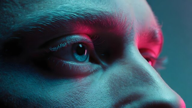 Detailed side profile of human eye in soft neon glow. Mindfulness and digital wellness concept. Person looking into the distance with colorful light reflecting on the face.