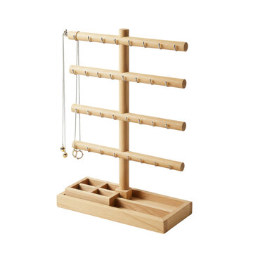 Elegant Wooden Jewelry Organizer with Hanging Hooks and Storage Compartments isolated on white background