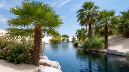 Fototapeta premium Desert oasis with palm trees and blue water pond