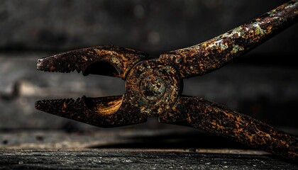 A close-up of rusty pliers on a dark surface