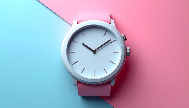 Minimal wristwatch on pastel blue and pink background modern time concept