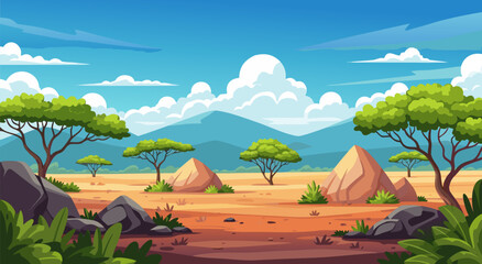 African savannah landscape illustration vector, vibrant savanna scenery with acacia trees and mountains under a blue sky