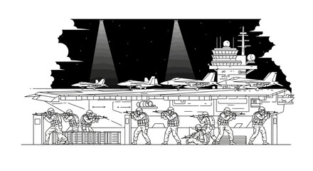 Obraz premium Military Aircraft Carrier Deck with Soldiers and Jets at Night