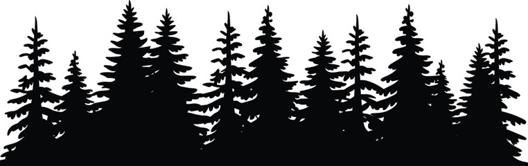 Black silhouette illustration of dense coniferous forest with pine and fir trees, emphasizing wilderness scenery, outdoor ecology, natural landscape, and nature-inspired design elements. © Ariful