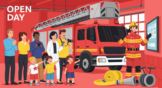Open Day At The Fire Station - Vector Illustration Of A Firefighter Explaining To A Diverse Group Of Visitors