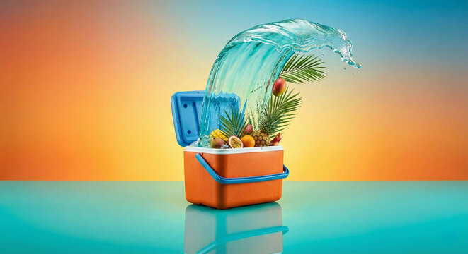 Orange cooler box erupting with water and tropical fruits