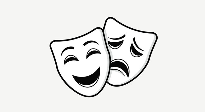 Comedy and tragedy masks in a simple black line art style on a light gray background, Generative AI.