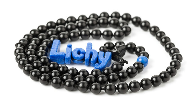 Black beaded necklace with lichy branding on white background