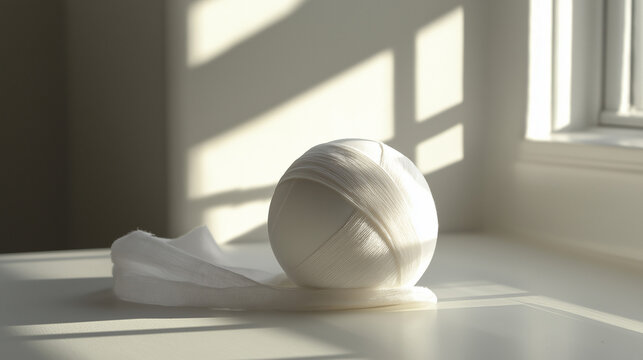 Medical gauze bandage roll on sunlit window sill
