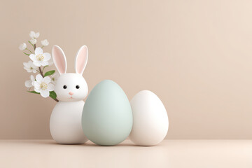 Obraz premium Peaceful white easter bunny and pastel egg near delicate spring blossom flower creating calm holiday atmosphere with blank background space