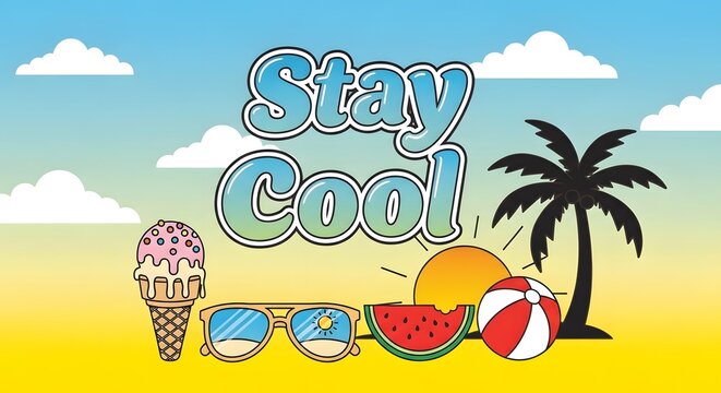 Colorful summer beach scene with stay cool text and tropical elements on yellow background