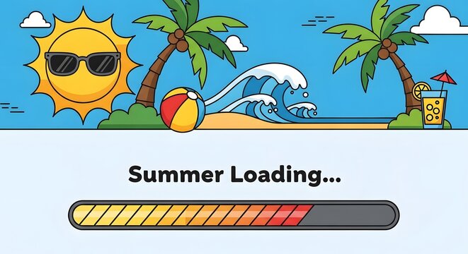 A cartoon summer scene with a loading bar and sunglasses on sun