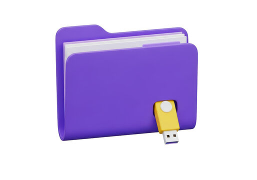 3d icon of purple folder with a yellow usb flash drive inserted, isolated on transparent background