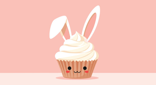 Adorable cupcake with white frosting and pink bunny ears featuring a cute face with blushing cheeks on pink background.