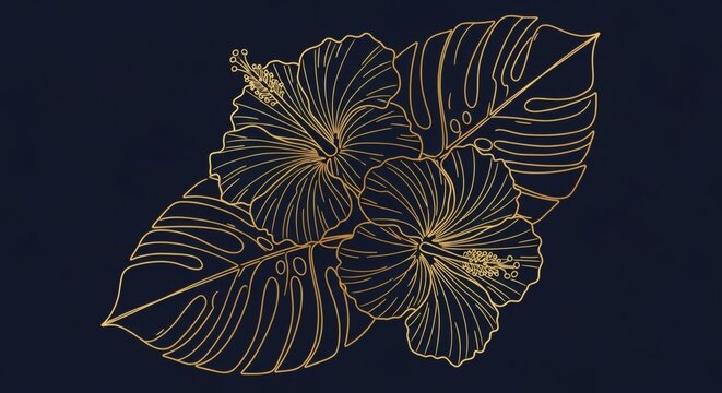 Tropical Monoline Monstera Leaf and Hibiscus Flower in Gold Foil on Dark Navy Background