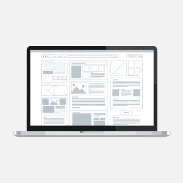 A grayscale vector illustration of a laptop with a website wireframe on screen