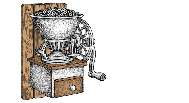Vintage wall-mounted manual coffee grinder with a wooden backplate and a crank handle filled with roasted coffee beans.