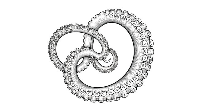 Detailed black and white engraving of two thick octopus tentacles intertwined in a circular shape with suction cups.