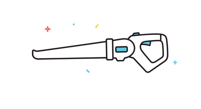Modern cordless handheld leaf blower garden tool illustration with colorful abstract stars and shapes on a white background for yard work.