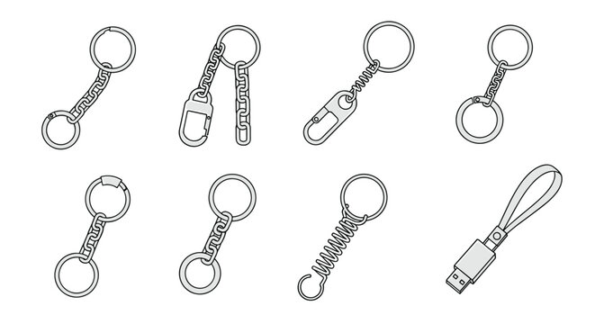 Various types of metal key rings and keychains including chains springs and clips shown in a collection of black and white sketches.