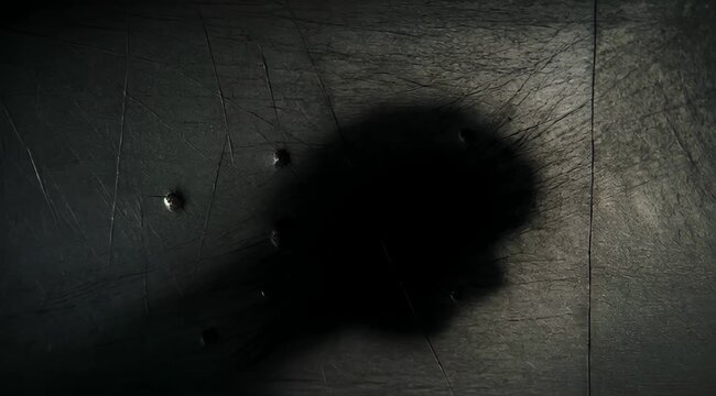 Abstract shadow of a human head cast on a textured metallic surface, creating an ominous and mysterious atmosphere