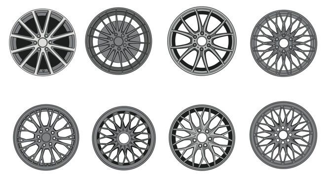 Collection of various modern car alloy wheel rims with complex spoke patterns and metallic finishes shown in a two row grid layout.
