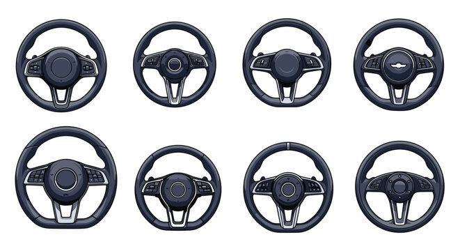 Selection of eight different modern car steering wheels with various buttons and leather textures arranged in a grid for automotive design.