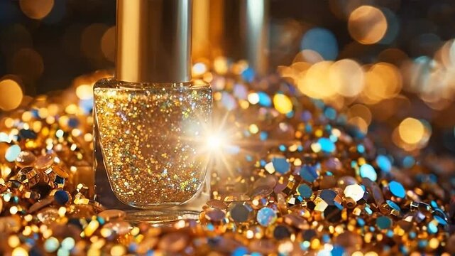 A sparkling bottle of golden glitter nail polish surrounded by a shimmering pile of gold and blue sequins with bokeh lights in the background.