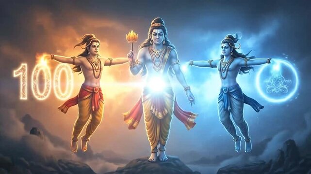 Three powerful Hindu deities, possibly the Trimurti, glowing with divine energy in a mystical celestial setting, symbolizing creation, preservation, and destruction.