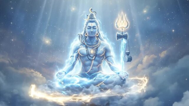 Lord Shiva meditating in a celestial realm with a glowing aura, surrounded by stars and clouds, holding a divine trident.