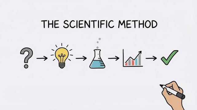 Illustration shows the steps of the scientific method. Various elements include a question mark, a light bulb, a flask, and graphs.