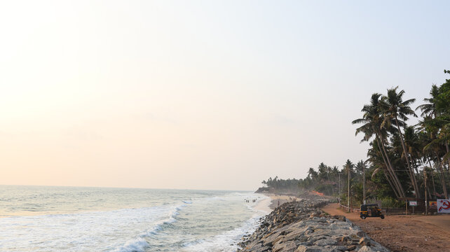 Neat and Clean View of Kerala's Costal Line During Golden Hour, Kovalam, Kerala, India.