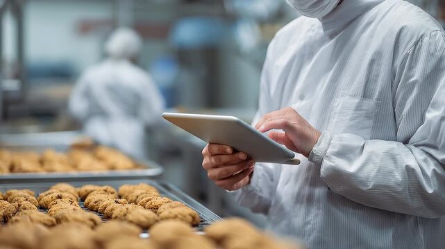 Food inspector examines baked goods in sterile environment while using tablet for quality control in a production facility