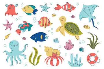 Obraz premium Cute sea animals clipart set, bright cartoon ocean creatures for kids. Turtle, clownfish, octopus, hermit crab, stingray, butterfly fish, starfish and seaweed, cheerful underwater vector illustration