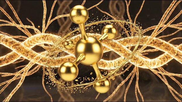 Gold molecule with peptide collagen background concept. Abstract glowing molecular structure with golden particles and neural network background for science and technology