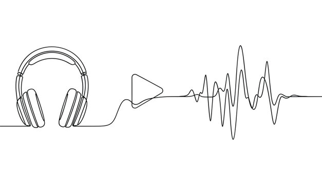 headphone line art vector. Headphones music line art with audio waveform illustration