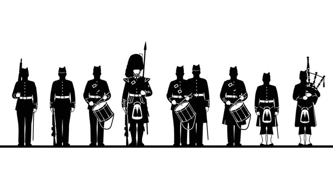 Scottish Highland Bagpipe Band Silhouette with Drummers and Soldiers