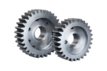 Two interlocking metallic gears with brushed texture on black background image, Isolated On White Background, Png Transparent