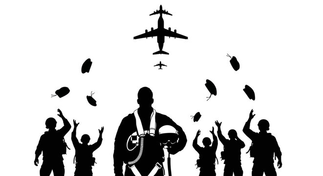 Silhouette of paratroopers jumping from airplane, pilot in foreground, skydiving, military, freedom, adventure