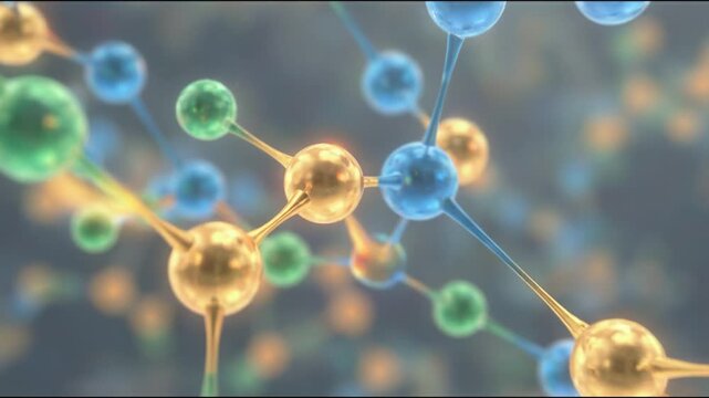 Gold molecule with peptide collagen background concept. Colorful molecule structure with connected spheres representing chemical and scientific molecular bonds