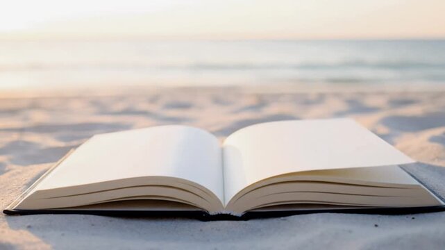 An open book with blank pages resting on a sandy beach with the ocean and a soft sunset in the background, symbolizing relaxation and escape.
