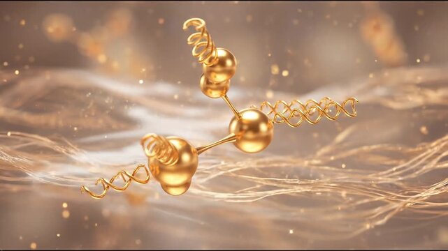 Gold molecule with peptide collagen background concept. Golden molecular structure with abstract glowing particles and flowing lines in soft background
