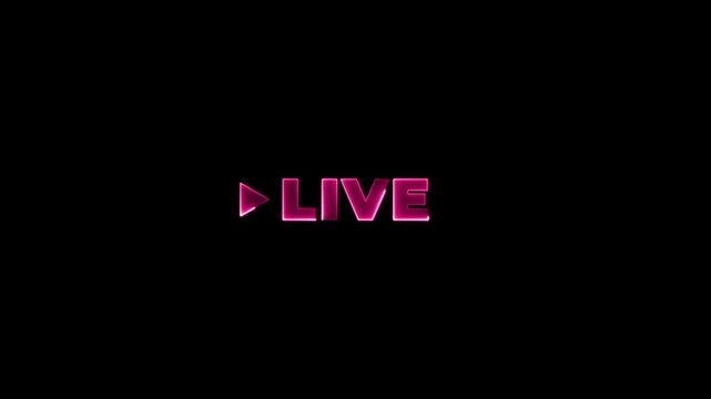 Neon pink live streaming play button on black background for live broadcast or online