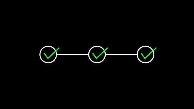 Progress bar animation with checkmarks showing completed steps on black background in motion