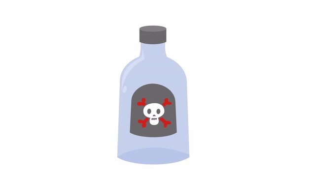 Poison bottle illustration with skull and crossbones label in an alpha channel. Toxic liquid glass bottle flat design. Hazardous substance icon with death warning symbol. Poison potion flask graphic.