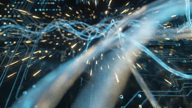 Abstract ai neural network visualization glowing digital data stream light trail over circuit board background showing futuristic technology depth glow pattern and blue energy flow motion