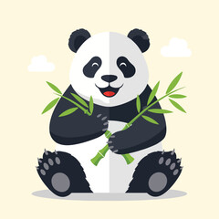 Obraz premium A smiling panda sits and holds bamboo against a soft yellow background