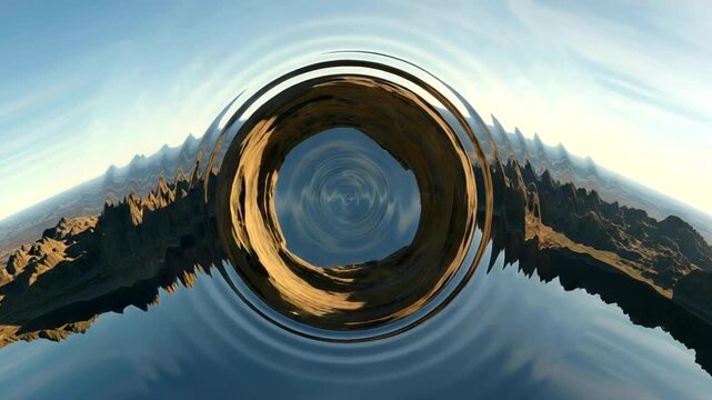 Circular distortion over rocky landscape with water