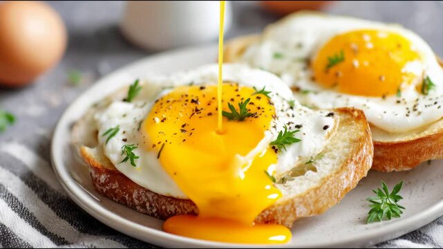 Person piercing a fried egg yolk with a fork, causing it to run over toasted bread