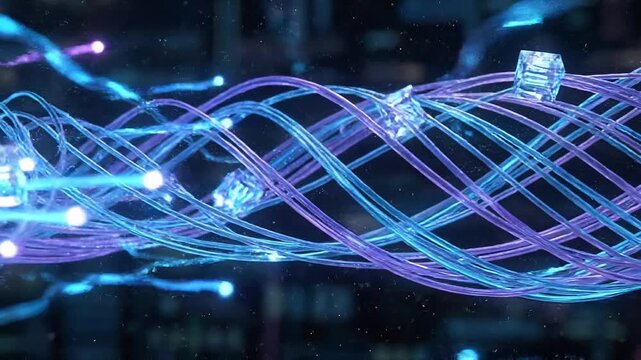 Abstract ai neural network visualization glowing quantum data stream core fantasy digital wave pattern blue purple cyber cable connection background with tech energy flow futuristic digital fiber